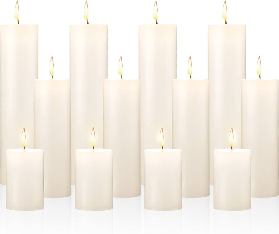 Nuogo 12 pcs Ivory Pillar Candles Dripless Unscented Candles Paraffin Wax Tall Tapers for Wedding... | Amazon (US)