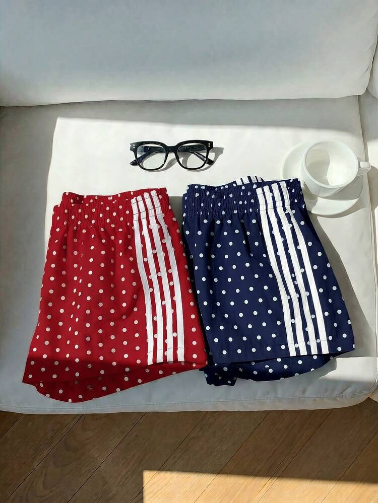 SHEIN EZwear 2pcs Women's Summer Polka Dot Contrast Color Waistband Shorts, Suitable For Sports, Vacation Season, Graduation Season, World Cup Match Day | SHEIN