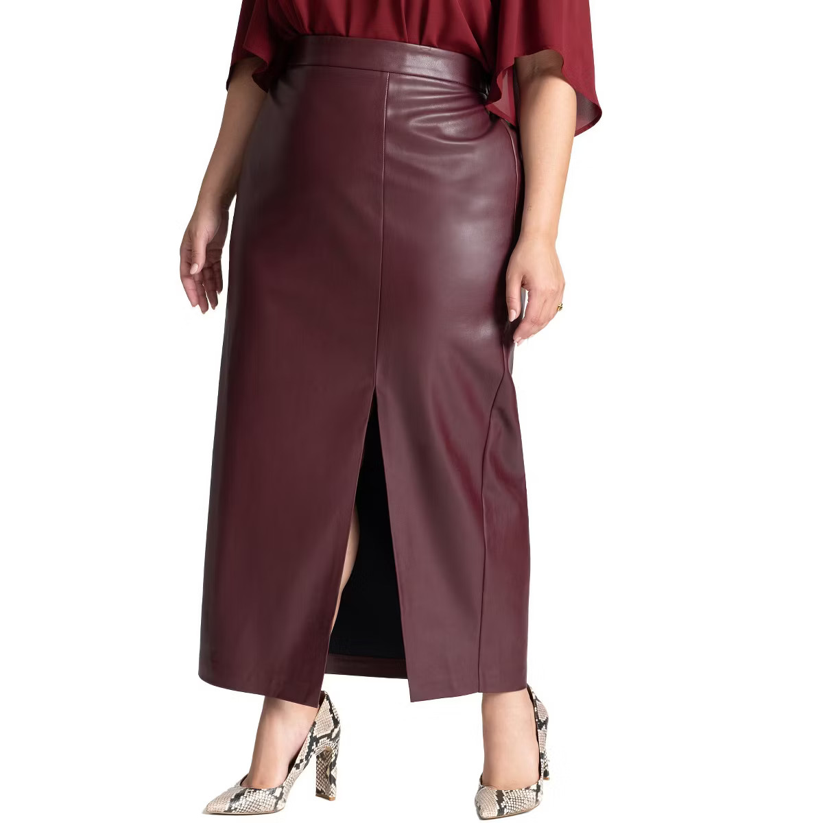 ELOQUII Women's Plus Size Faux Leather Column Skirt With Slit | Target