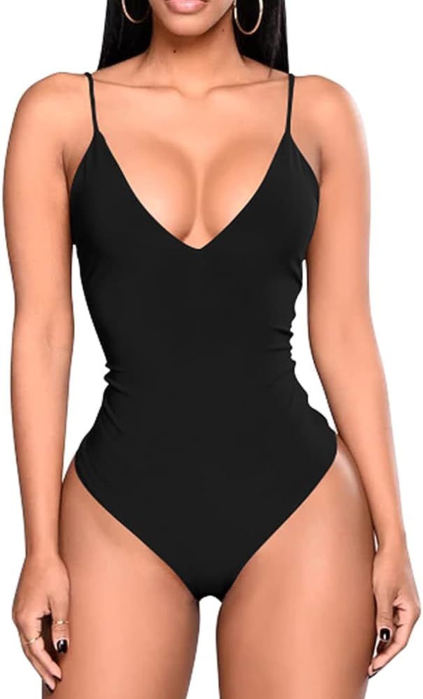 GOKATOSAU Women's Sexy Summer V-Neck Backless Adjustable Spaghetti Strap Club Bodysuits | Amazon (US)