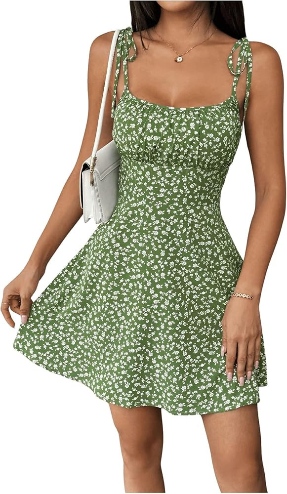 GORGLITTER Women's Floral Tie Shoulder Ruched Cami Mini Dress A Line Flared Flowy Holiday Sundres... | Amazon (UK)