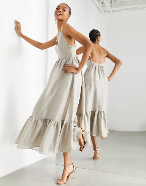 ASOS EDITION textured cami midi dress with tiered hem in sand | ASOS (Global)