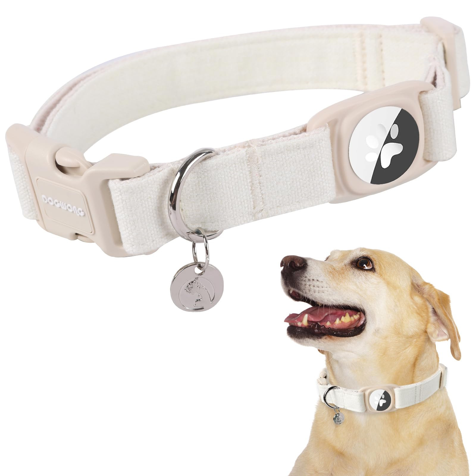 DOGWONG Airtag Cotton Hemp Dog Collar, Heavy-Duty Dog Collar with Airtag Holder White Natural Fab... | Amazon (US)