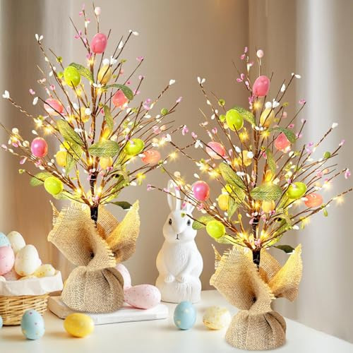 EAMBRITE Easter Decorations Easter Egg Tree with Lights, Lighted Trees Battery Powered, Tabletop Centerpiece Decor with Colorful Egg Ornaments for Home Table Party Spring Decoration (2 Pack) | Amazon (US)