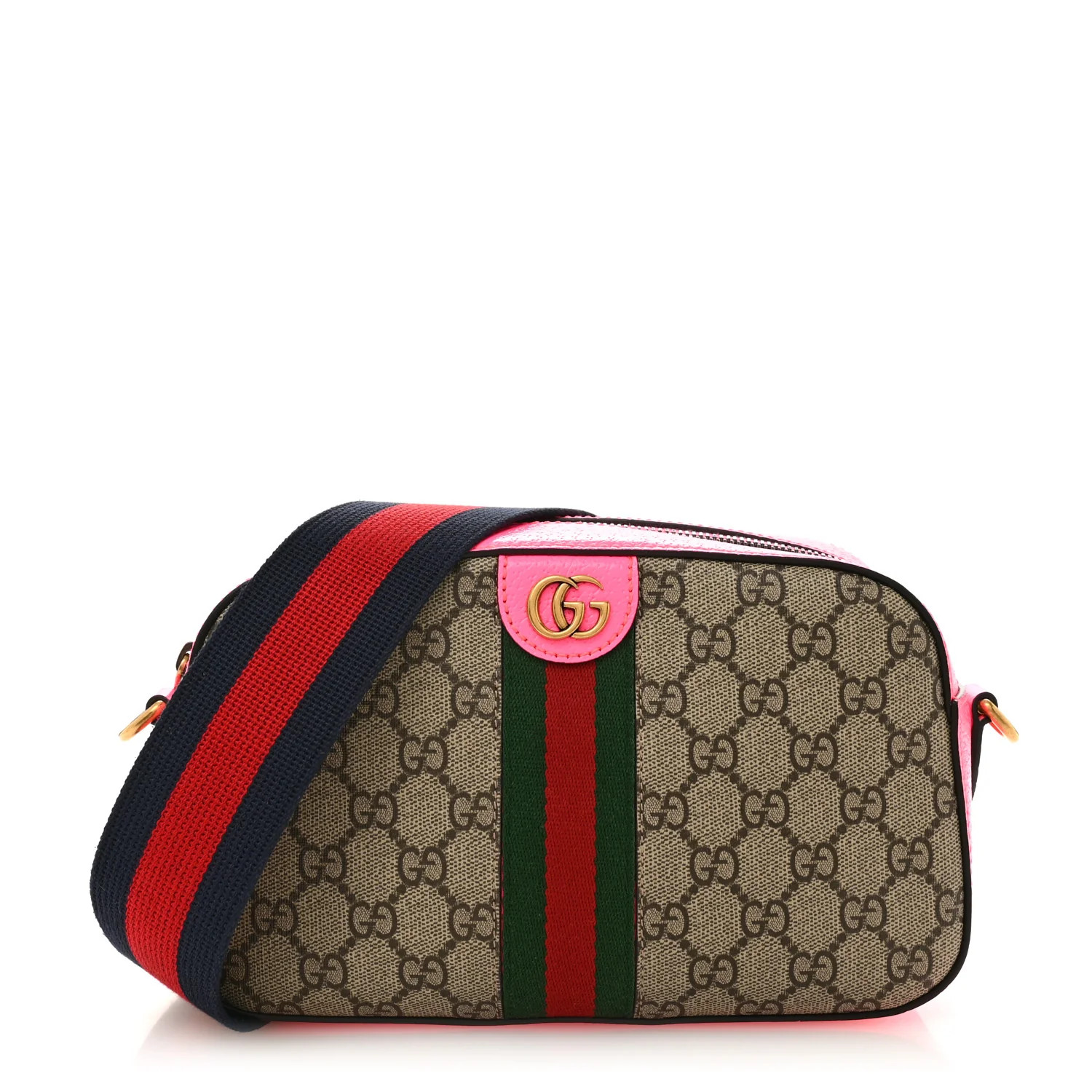 Gucci GG Supreme Monogram Textured Dollar Calfskin Web Ophidia Small Crossbody Bag Beige Ebony Fuchsia | FASHIONPHILE (US)
