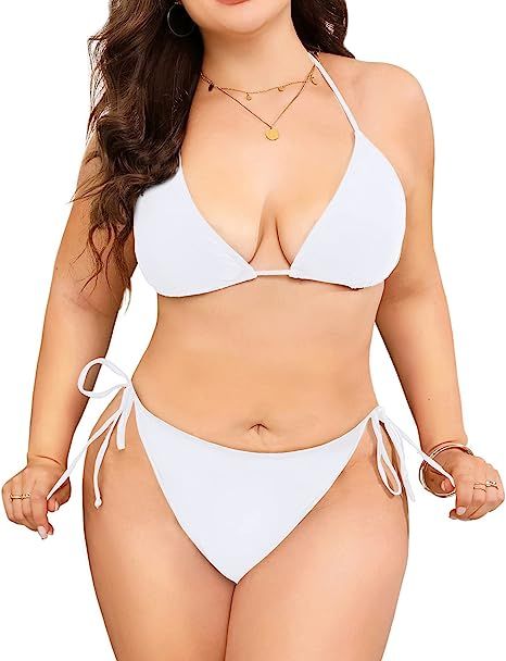 Tempt Me Women Plus Size Triangle Bikini String Two Piece Halter Tie Side Swimsuit | Amazon (US)