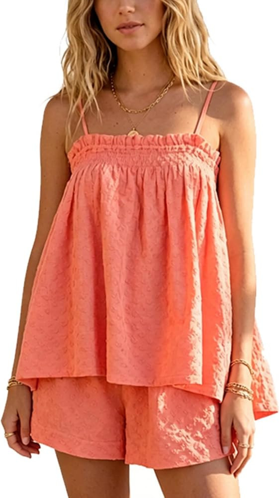 SOOKABEILA Women 2 Piece Lounge Set Sleeveless Striped Cami Peplum Top Boxer Shorts Loose Ruffle ... | Amazon (US)