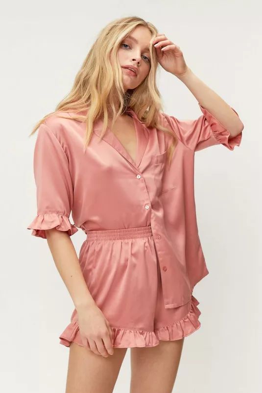 Recycled Satin Ruffle Pajama Short Set | Nasty Gal (US)