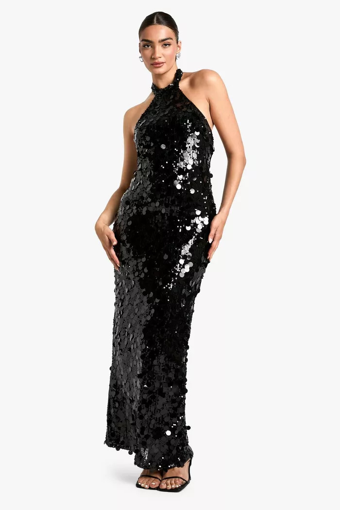 Disc Sequin Halterneck Maxi Dress | boohoo (US & Canada)