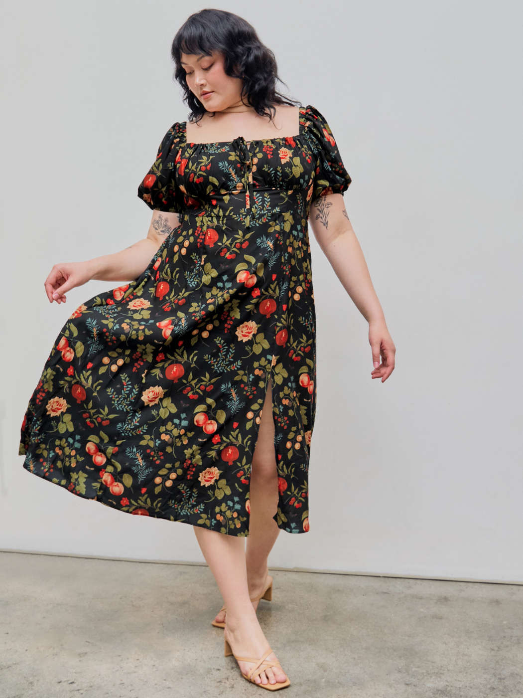 Fruit Square Neck Puff Sleeve Midi Dress Curve & Plus | Cider