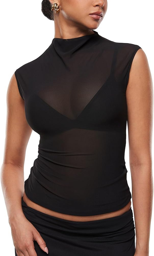 INLYRIC Women's Cosnufy Mesh Sheer Mock Turtle Neck Tank Tops See Through Sleeveless Sexy Summer ... | Amazon (US)
