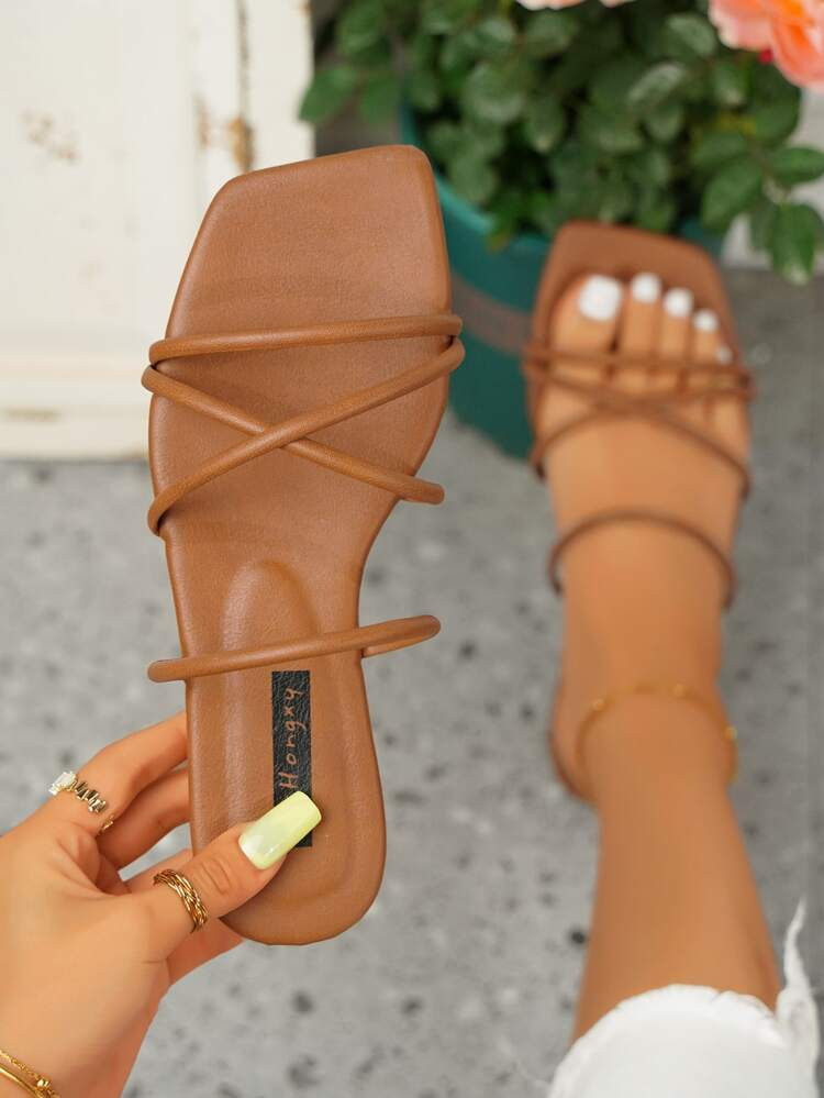 Fashionable Outdoors Brown Flat Slippers For Women, Multi Thin Strap Plain Artificial Leather Ope... | SHEIN