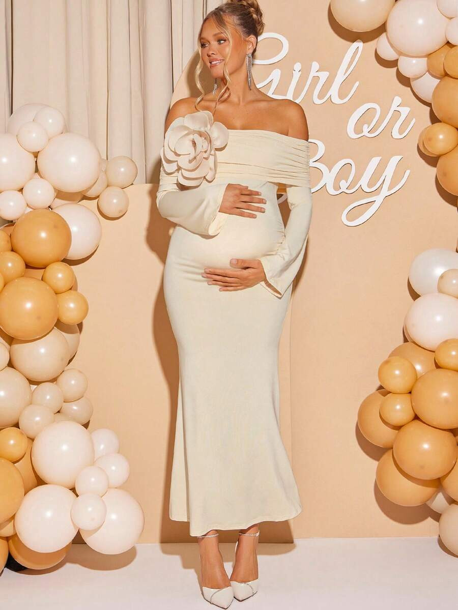 Loomaby Pregnant Women's Solid Color 3D Floral Decor Off Shoulder Long Sleeve Dress,Gender Reveal... | SHEIN