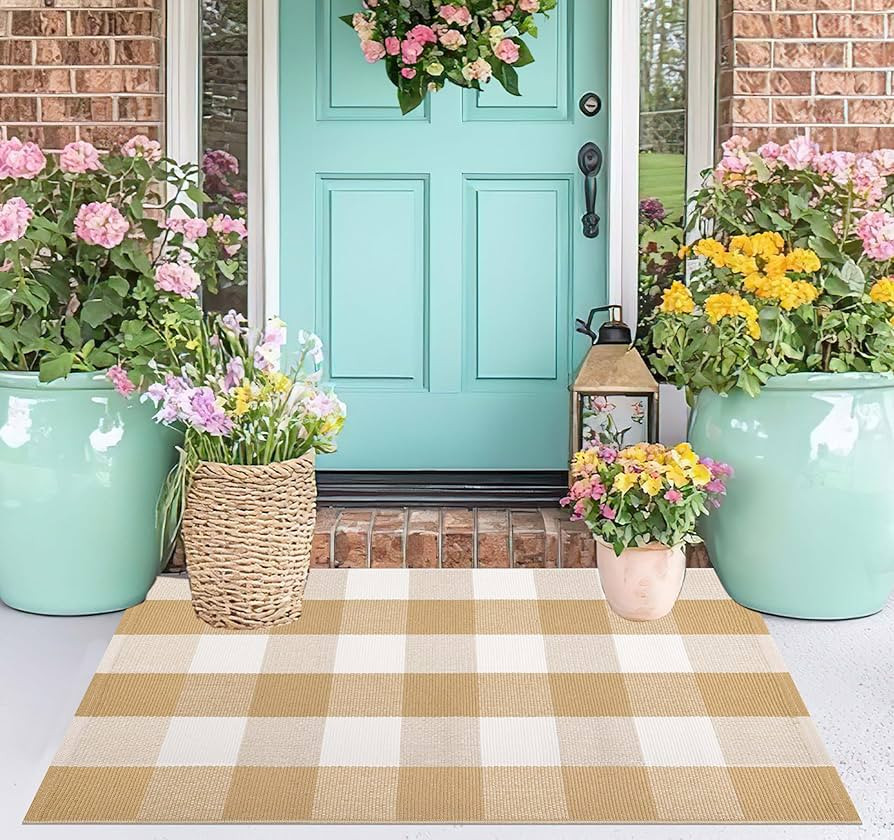 Front Door Mats Outdoor 24''X35'' Khaki and White Fall Layered Doormat Cotton Woven Farmhouse Was... | Amazon (US)