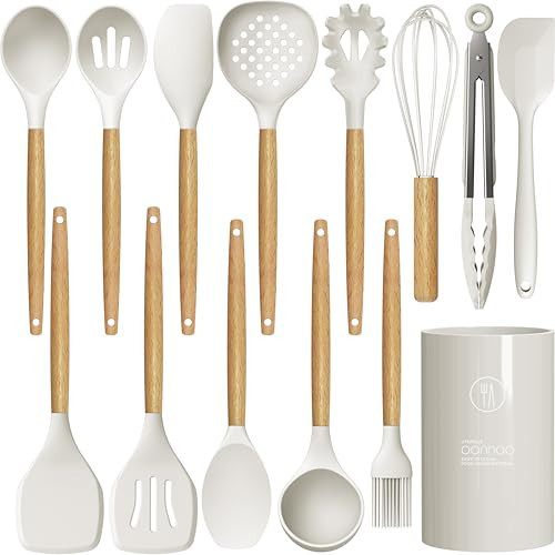 Silicone Cooking Utensils Set - 446°F Heat Resistant Silicone Kitchen Utensils for Cooking,Kitchen Utensil Spatula Set w Wooden Handles and Holder for Non-Stick Cookware, BPA FREE (Cream White) | Amazon (US)