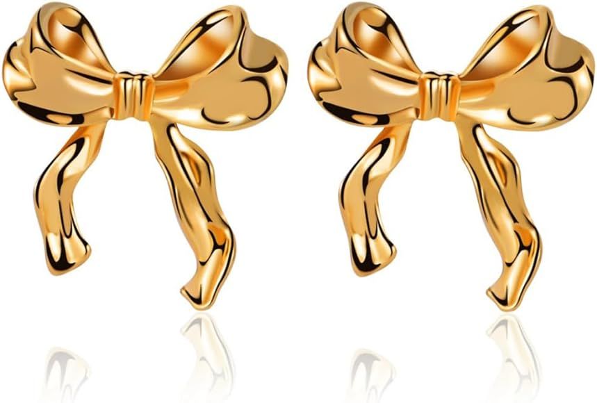 Gold Sliver Bow Earrings for Women Trendy Ribbon Stud Bow Statement Earrings Jewelry Gifts for Wo... | Amazon (US)