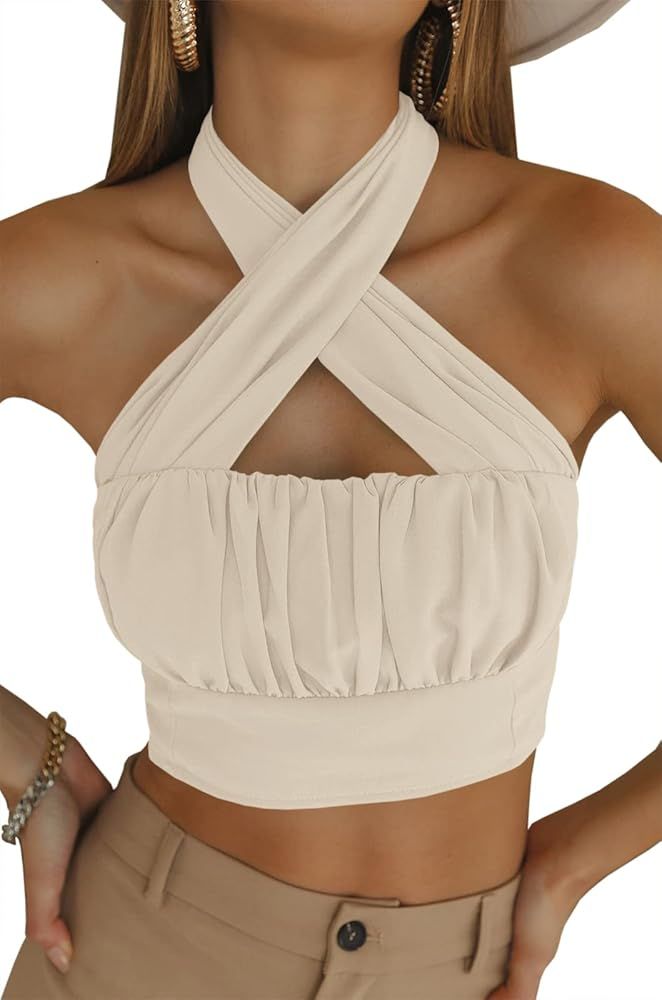 GAMISOTE Women's Halter Tank Top Criss Cross Smocked Sleeveless Crop Shirt Blouse | Amazon (US)