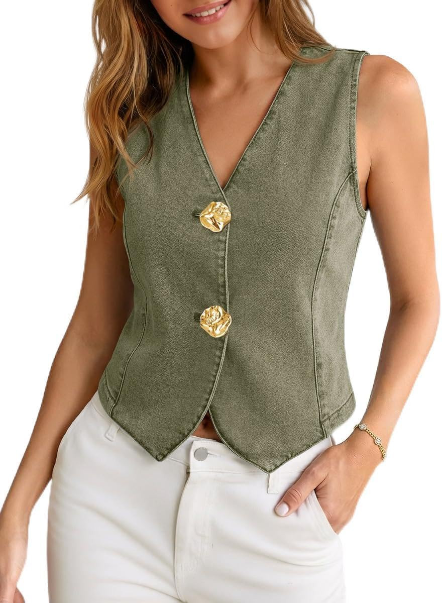 Tankaneo Womens Button Down Denim Vest Casual Summer Cropped Jean Tank Top | Amazon (US)