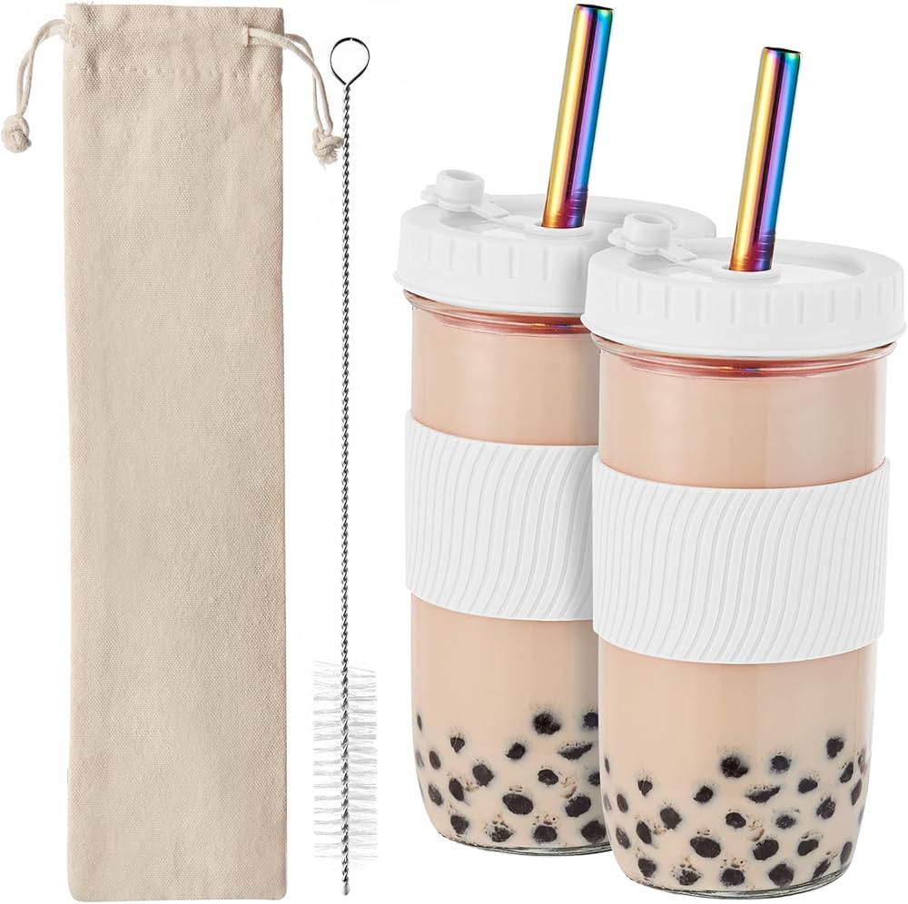 2 Pack Reusable Boba Cup,24Oz Wide Mouth Smoothie Cup,mason Jar Glass Cups with Lids and Straws,B... | Amazon (US)