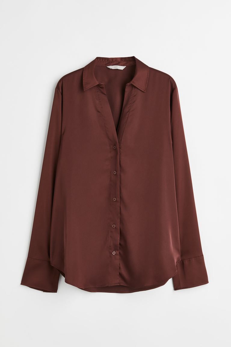 V-neck blouse - Dark brown - Ladies | H&M GB | H&M (UK, MY, IN, SG, PH, TW, HK)