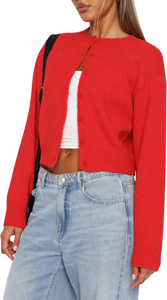 MISSACTIVER Women's Button Down Cropped Cardigan Sweater Solid Open Front Long Sleeve Crewneck Kn... | Amazon (US)