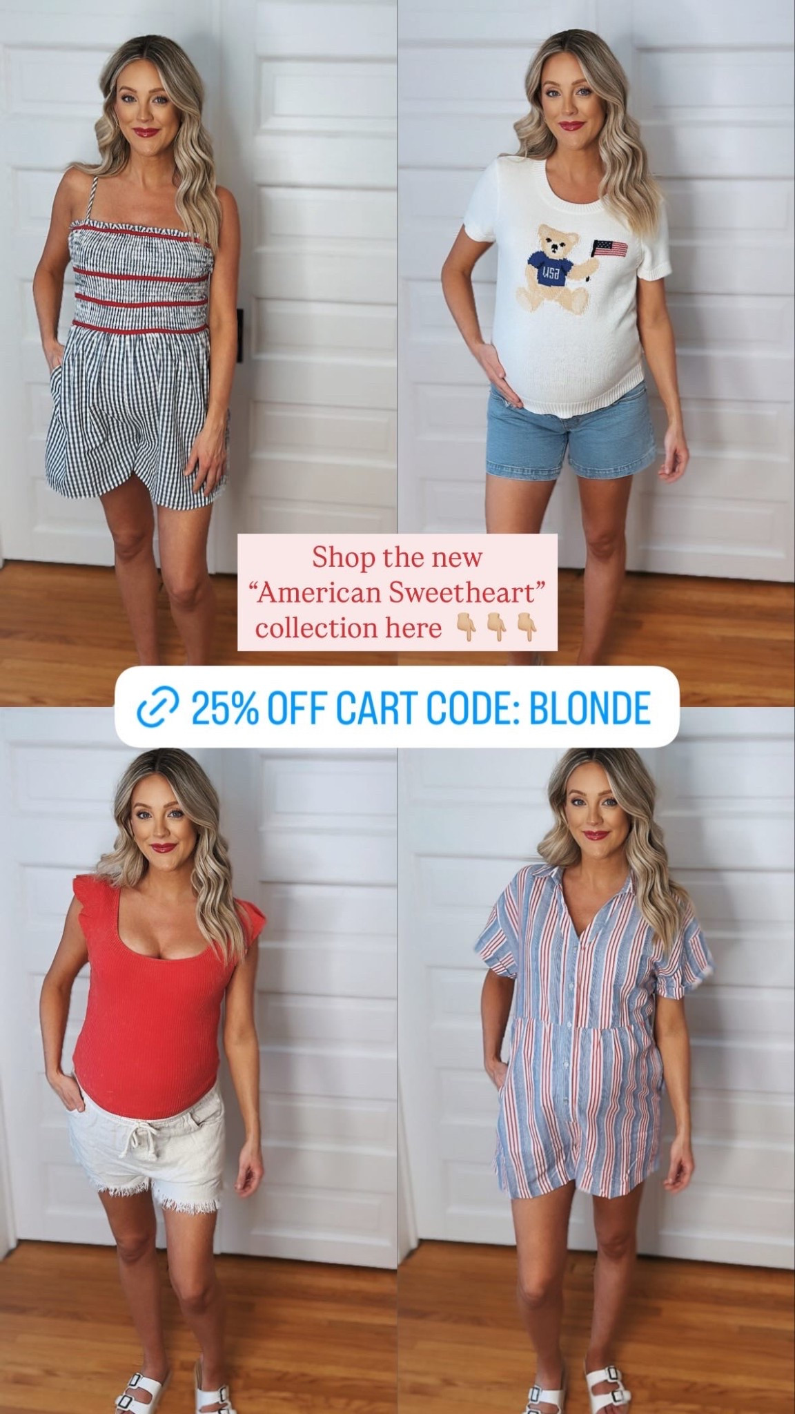 ✨Red, white, and so you! 🇺🇸
The new American Sweetheart Collection is here and it’s giving major summer vibes ☀️
From BBQ-ready rompers to comfy-cute classics, we’ve got your patriotic style covered ❤️🤍💙

🛒 Tap to shop & don’t forget to use code BLONDE for 25% OFF your cart!

👇Tell me your fave look below!👇
#AmericanSweetheart #SummerStyle #HolidayLooks #MaternityStyle #BlondeAndStyled

#LTKSummerEdit #LTKSeasonal #LTKFindsUnder50