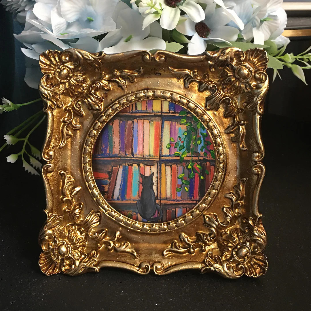 Original Hand Painted Bookshelf Art,book Mini Wall Art,black Cat Mini Painting,bookshelf Wall Art... | Etsy (US)