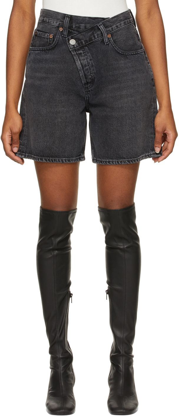 Black Denim Criss Cross Upsized Shorts | SSENSE