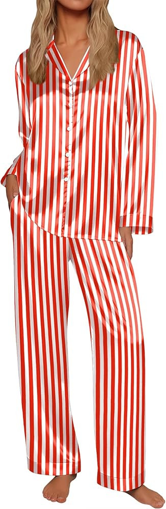 Ekouaer Silk Satin Pajamas for Women Button Down Pjs Set Long Sleeve Loungewear 2 Piece Wide Leg ... | Amazon (US)