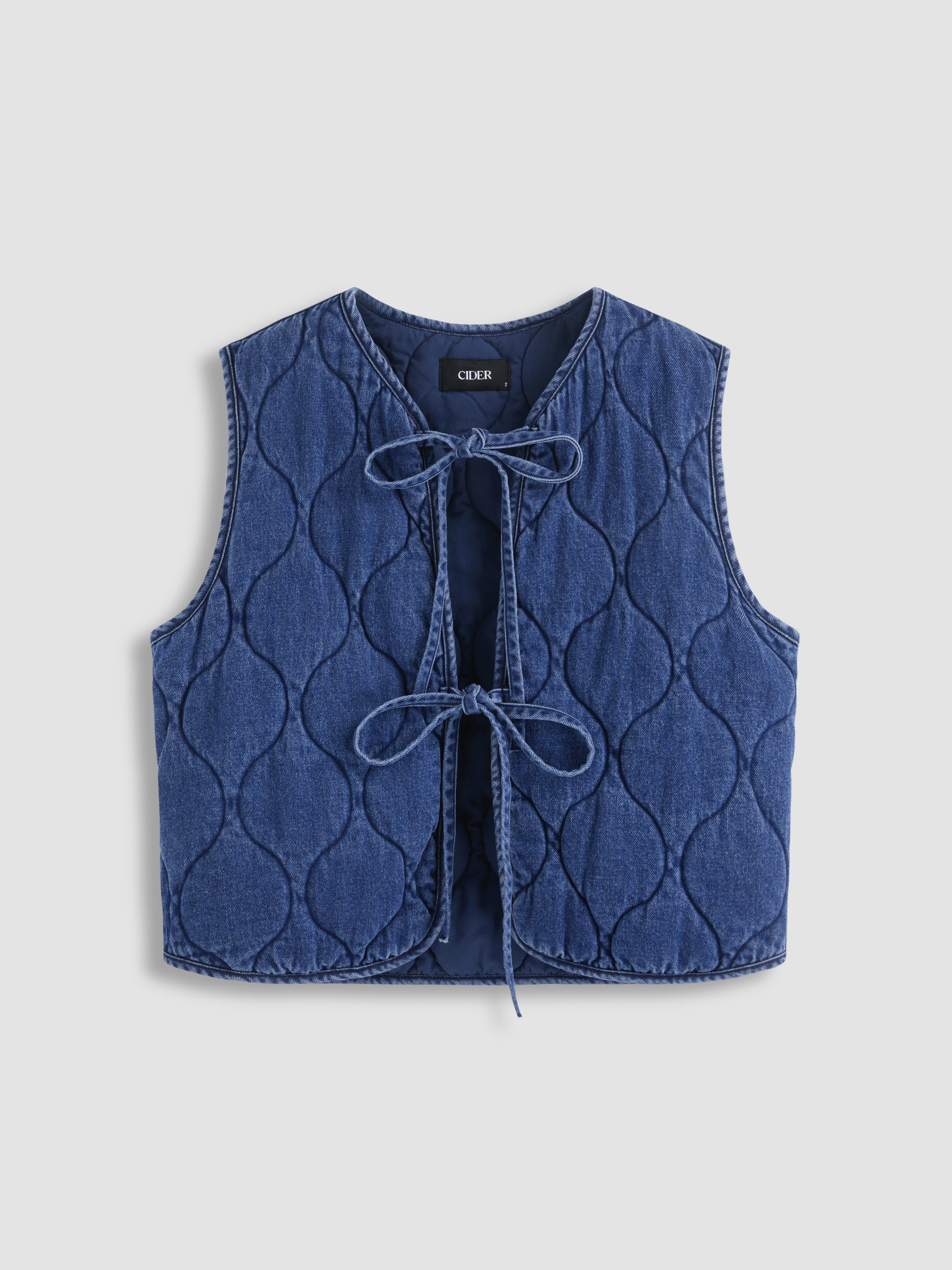 Countryside Core Denim Denim Round Neckline Solid Tie Front Knotted Vest For School Daily Casual | Cider