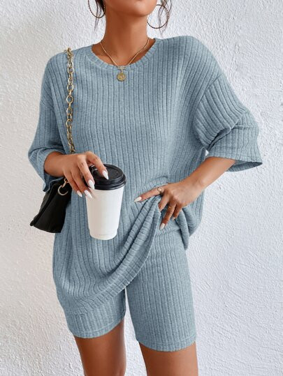 SHEIN EZwear Drop Shoulder Ribbed Knit Tee & Biker Shorts | SHEIN