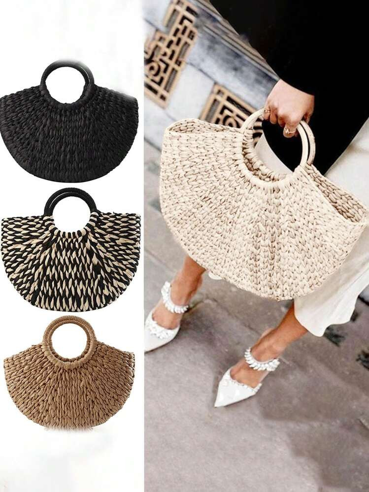 Semicircle Paper Straw Handbag, Retro Woven Vegetable Basket Bag, Fashion Boho Style Beach Bag Fo... | SHEIN