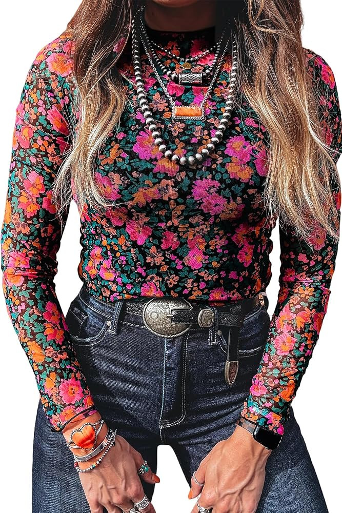 KevaMolly Womens Mesh Long Sleeve Top Sheer Floral Lace Mock Neck Embroidery Shirts Party Club Ni... | Amazon (US)