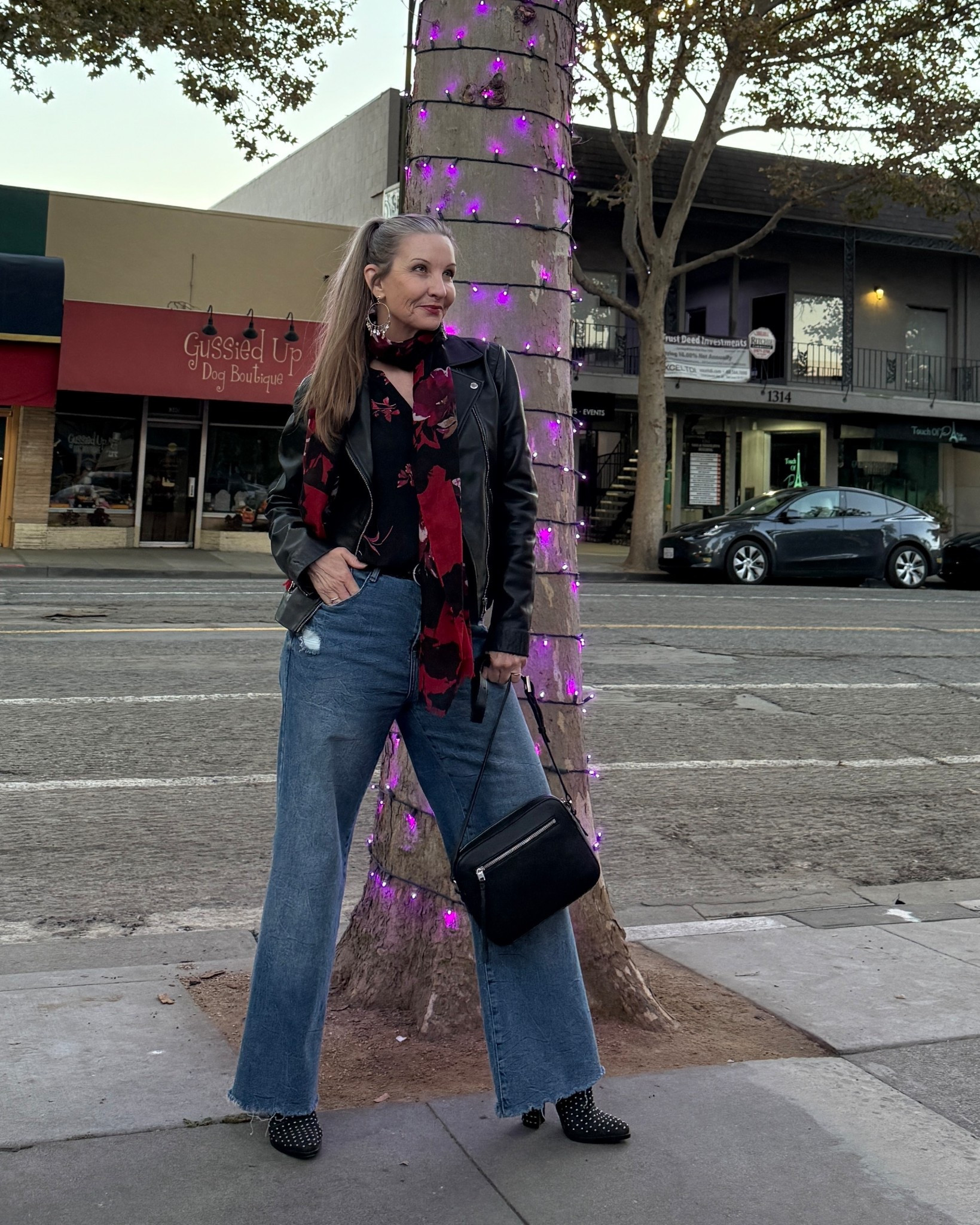 Date night look! #ootn #datenight #motojacket #leatherjacket #widelegjeans #fallfloral #floralblouse #scarf #statementearrings #crossbodybag #styleover50 #edgyover50 #midsizestyle 

#LTKOver40 #LTKSeasonal #LTKMidsize