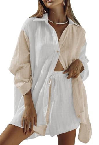 Fixmatti Two Piece Sets for Women Long Sleeve Button Down Shirt and High Waist Shorts Sweatsuit Colorblock XL | Amazon (US)