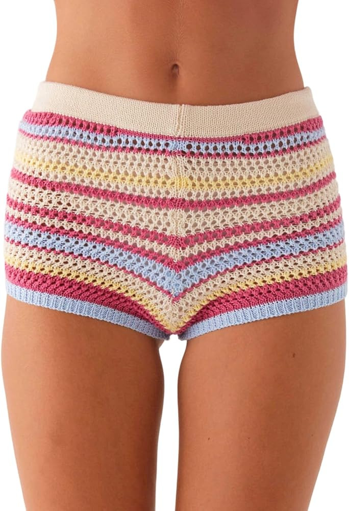 Aopwsrlyi Women's Crochet Mini Shorts Summer Beach Low Rise Striped Knit Micro Shorts | Amazon (US)