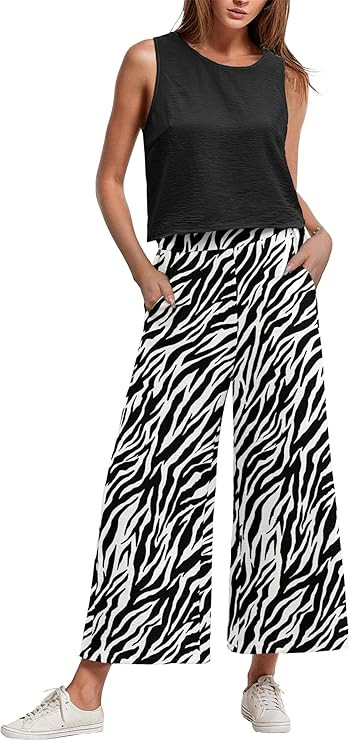 IWOLLENCE Women's Summer 2 Piece Outfits Set Round neck Sleeveless Tank Crop Top Wide Leg pants S... | Amazon (US)