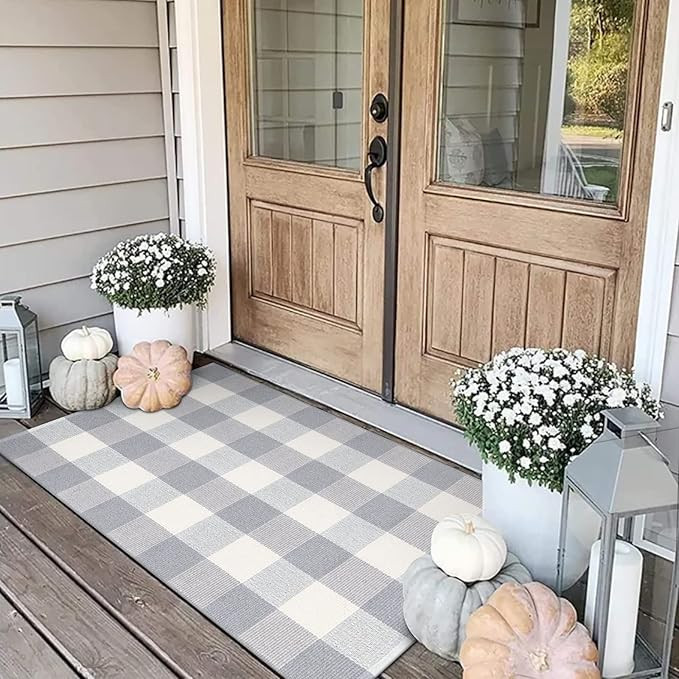 Buffalo Plaid Outdoor Rug Runner Doormat 2’ x 4.3’, KIMODE Cotton Woven Gray/White Checkered ... | Amazon (US)