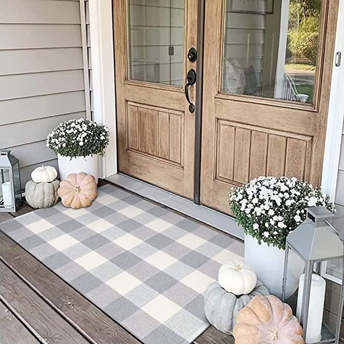Buffalo Plaid Outdoor Rug Runner Doormat 2’ x 4.3’, KIMODE Cotton Woven Gray/White Checkered ... | Amazon (US)