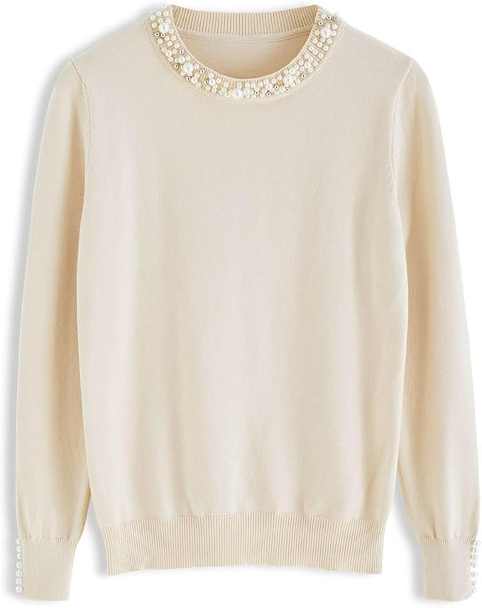 CHICWISH Women's Caramel/Black/Navy/Dusty Blue/Cream/White Pearl Trimmed Soft Knit Top | Amazon (US)