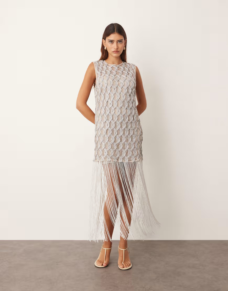 ARRANGE lattice grid mini dress with fringe hem in metallic-Silver | ASOS (Global)