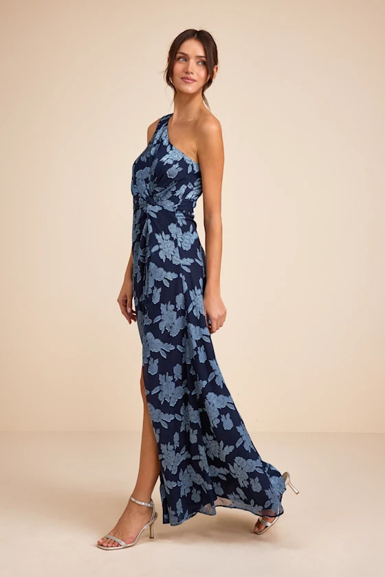 Renni Navy Blue Floral Jacquard One-Shoulder Maxi Dress | Lulus
