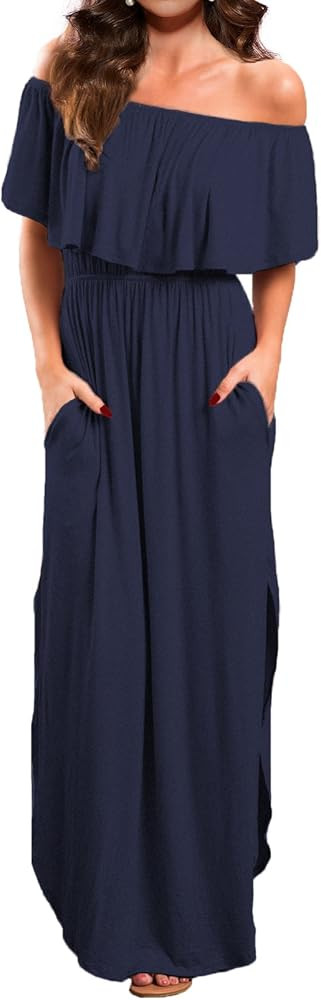 Women's Off Shoulder Summer Casual Long Ruffle Beach Maxi Dress with Pockets | Amazon (US)