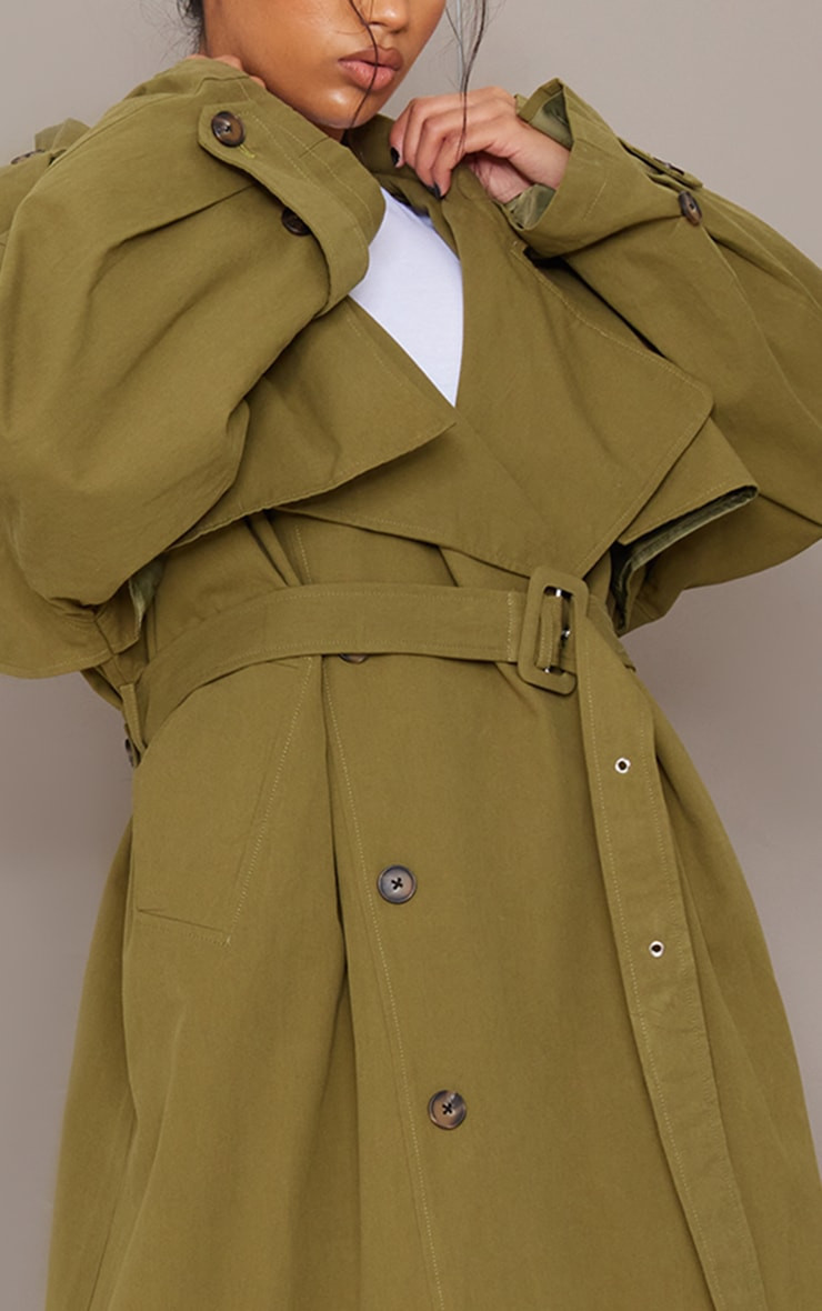 Khaki Hooded Oversized Woven Trench Coat | PrettyLittleThing UK