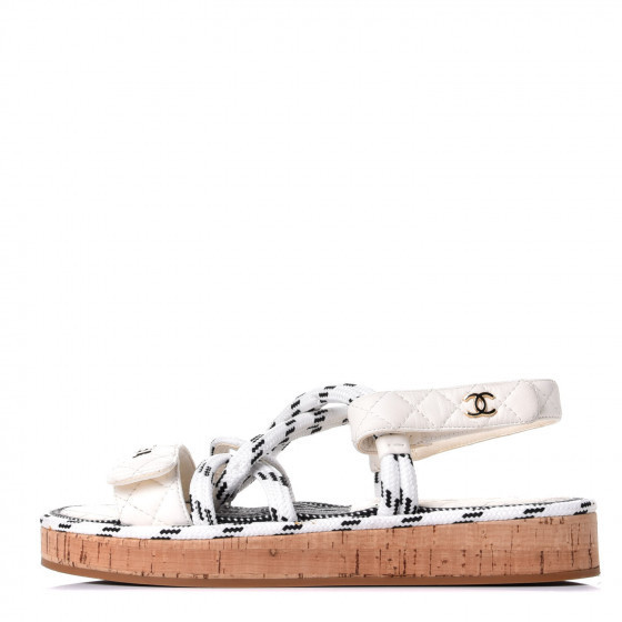CHANEL Cord Lambskin Quilted Logo Sandals 38 White Black | Fashionphile