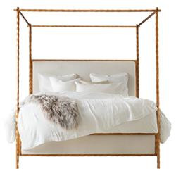 Marilyn Modern Classic Gold Leaf White Linen Upholstered Wood Canopy Bed - Queen | Kathy Kuo Home