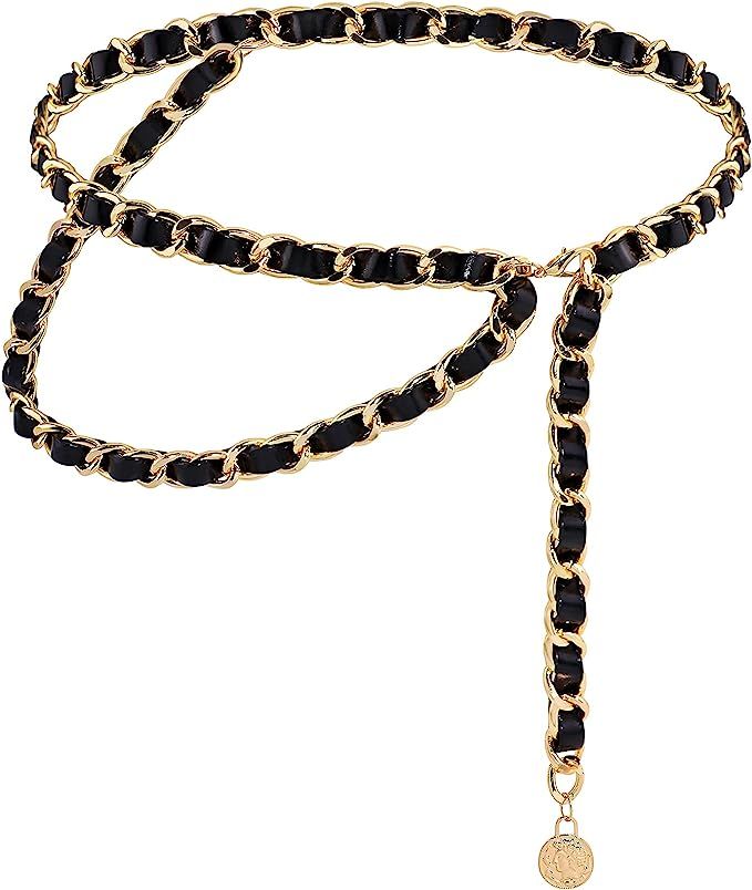 YooAi Chain Belts Leather Waist Belt for Women Layered Metal Chain Belt | Amazon (US)