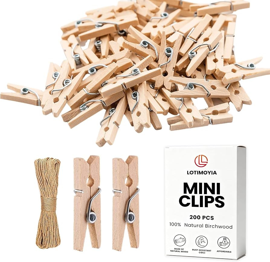 Mini Clothespins 200 Pcs, 1" Wooden Clothespins with 11FT Jute Twine | Amazon (US)