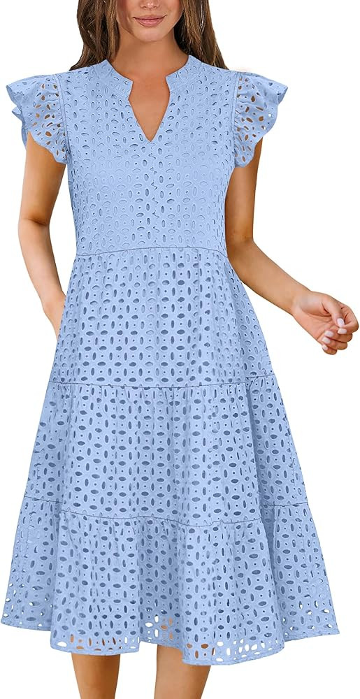 ANRABESS Womens 2026 Summer Midi Dress Hollow Out Eyelet Ruffle Sleeve V Neck Casual Flowy Tiered... | Amazon (US)