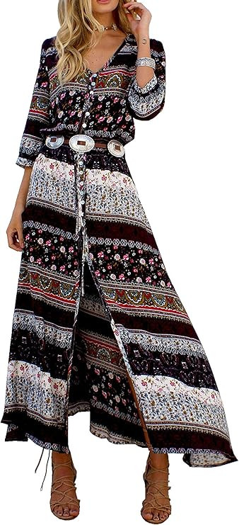 R.Vivimos Women's Summer Boho Button Up V Neck Floral Print Roll Up Causal Split Beach Midi Dress... | Amazon (US)